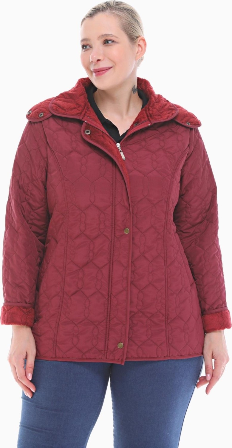 Vetre Kadın Büyük Beden Kapüşonlu 75 CM Bordo Kapitone Mont 1014 görsel 2