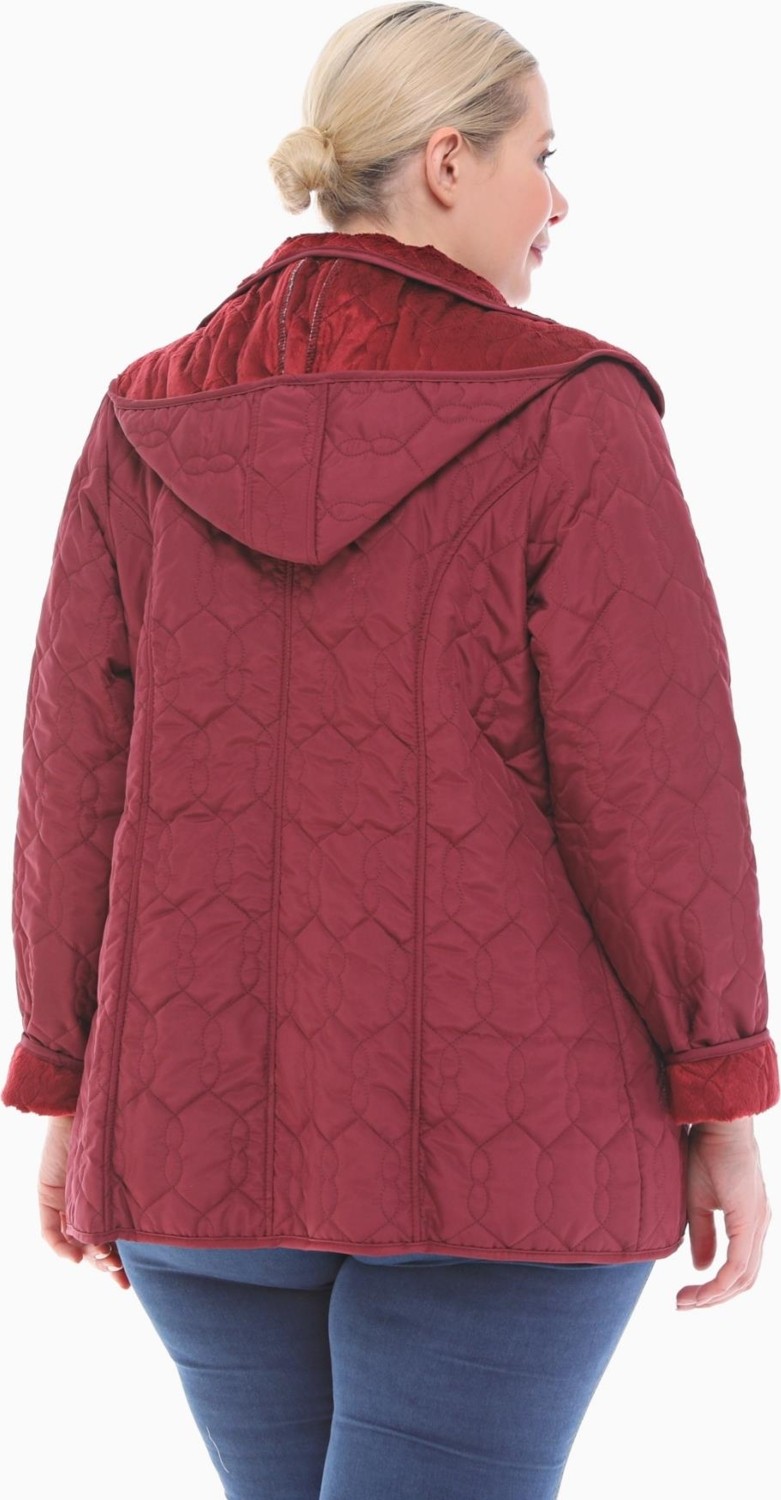 Vetre Kadın Büyük Beden Kapüşonlu 75 CM Bordo Kapitone Mont 1014 görsel 5