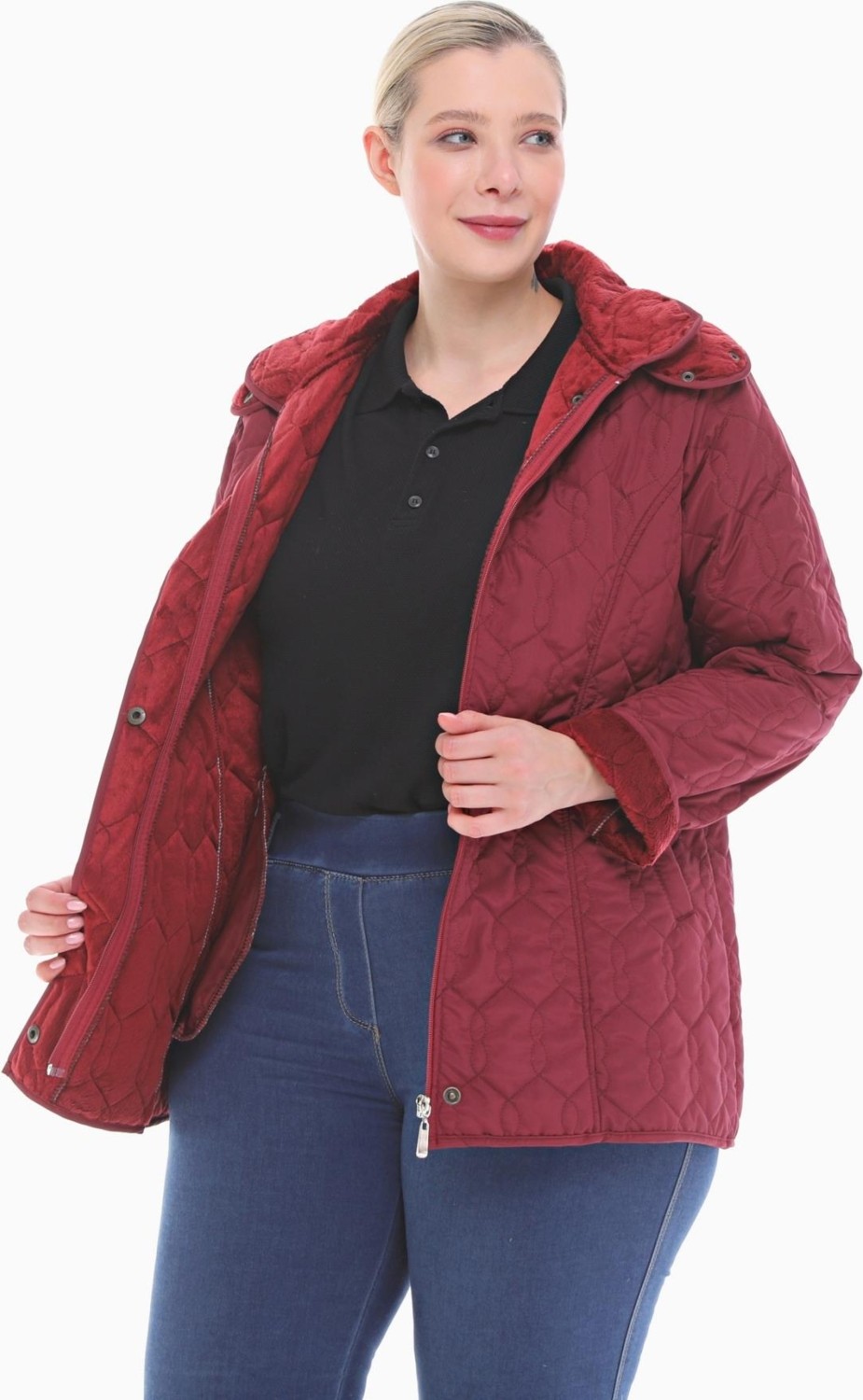 Vetre Kadın Büyük Beden Kapüşonlu 75 CM Bordo Kapitone Mont 1014 görsel 4