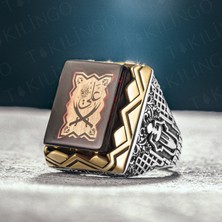 Takılingo 925 Ayar Gümüş Hancer Kasa Kehribar Taş Üzeri Arapca Ya Ali Yazılı Erkek Yüzük