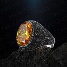 Takılingo 925 Ayar Gümüş Zirkon Detayli Oval Sitrin Taşlı Erkek Yüzük