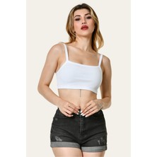Noori Likralı Kaşkorse Ince Askılı Kadın Crop Top  - Beyaz Beyaz - M