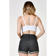 Noori Likralı Kaşkorse Ince Askılı Kadın Crop Top  - Beyaz Beyaz - M