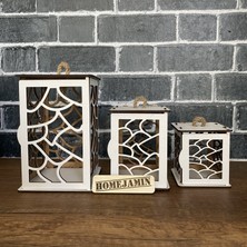 Home Jamin 3'lü Mini Ahşap Dekoratif Süs Fener Seti Asimetrik Motif