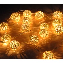 Bonibbo Rattan LED Top Işık Doğal Kaliteli  2 Metre 10 Adet Örgü Işık Topu-Şeffaf Kablolu Pilli Gün Işığı