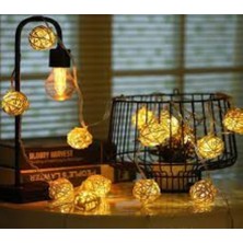 Bonibbo Rattan LED Top Işık Doğal Kaliteli  2 Metre 10 Adet Örgü Işık Topu-Şeffaf Kablolu Pilli Gün Işığı