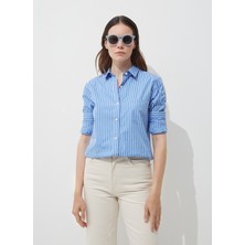 Marie Marot Normal Klasik Yaka Çizgili Mavi Kadın Gömlek Eva