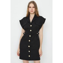 Select Moda Kadın Dokuma Düğme Detaylı Gömlek Elbise