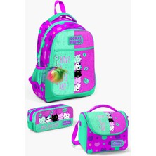 Coral High Kids Pembe Su Yeşili Kedi Desenli 3’lü Okul Çanta Seti SET0123490