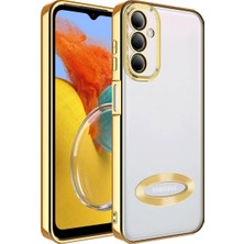 Case 4U Samsung Galaxy M14 Kılıf Kamera Lens Korumalı Şeffaf Renkli Logo Gösteren Parlak Omega Kapak Altın