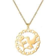 Gümüşcüm Kuş ve Çiçek Desenli Altın Kaplama Gümüş Kolye