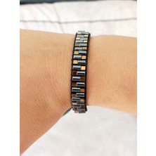 Reggente Altın Gümüş Hematit Doğal Taş Siyah Deri Bileklik