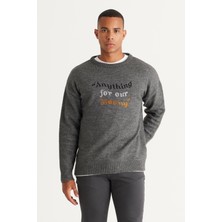 Altınyıldız Classics Erkek Gri Melanj Oversize Bol Kesim Bisiklet Yaka Desenli Şardonlu Yumuşak Dokulu Triko Kazak