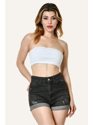 Noori Likralı Kaşkorse Straplez Kadın Crop Top  - Beyaz Beyaz - L