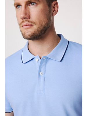 Tudors Erkek Slim Fit Dar Kesim %100 Pamuk Düz Pike Kol Şeritli Mavi Polo Yaka Tişört