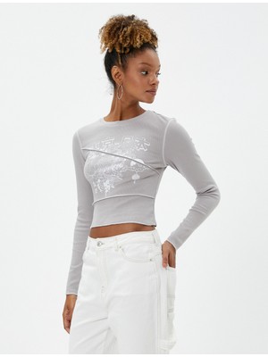 Koton Uzun Kollu Tişört Crop Uzak Doğu Bakılı Bisiklet Yaka