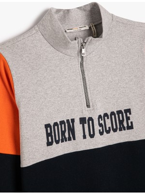 Koton Sweatshirt Yarım Fermuarlı Dik Yaka Renk Bloklu Baskılı