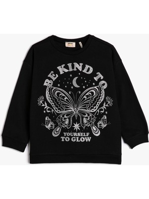 Koton Sweatshirt Kelebek Baskılı Simli Uzun Kollu Bisiklet Yaka Şardonlu