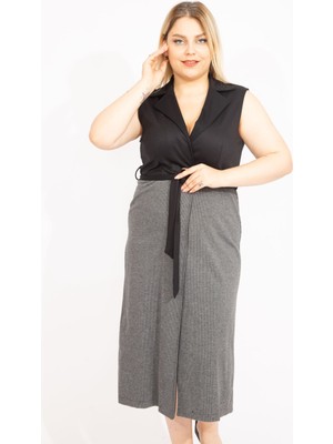 Şans Kadın Füme Piyedepul Desenli Kuşaklı Yelek 65N35421