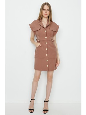 Select Moda Kadın Dokuma Düğme Detaylı Gömlek Elbise