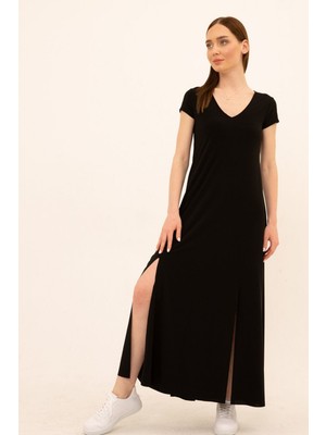 Laranor Yırtmaçlı V Yaka Rahat Kesim Uzun Elbise 42 - Siyah