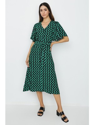 Select Moda Kadın Önden Düğmeli V Yaka Elbise