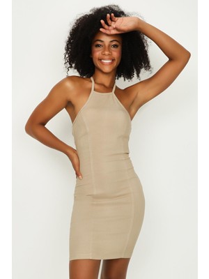 Select Moda Kadın Boyundan Bağlamalı Mini Denim Elbise