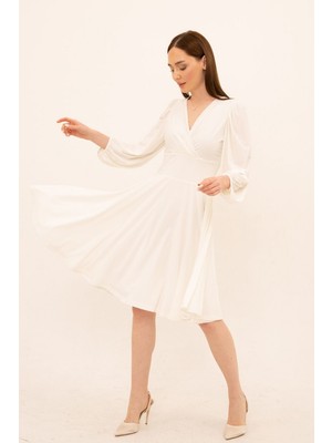 Laranor Ecru Balon Kol Kruvaze Yaka Kloş Elbise 36 - Ecru