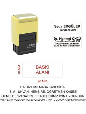 Sırdaş 910 Sarı Renk İsim Ünvan Kaşesi 26x10 mm - Siyah Mürekkep ile Kullanıma Hazır