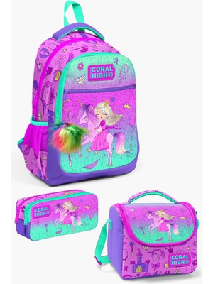 Coral High Unicornlu Prenses Desenli 3’lü Okul Çanta Seti Açık Pembe Mor 18,5 Litre Kapasite SET0123481