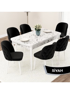 Canisa Concept Jae Serisi Açılabilir 80X132 Beyaz Mermer Desen Mutfak Masası Takımı ve 6 Sandalye