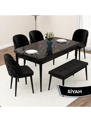 Canisa Concept Jae Serisi Açılabilir 80X132 Siyah Mermer Desen Mutfak Masası Takımı ve 4 Sandalye 1 Bench