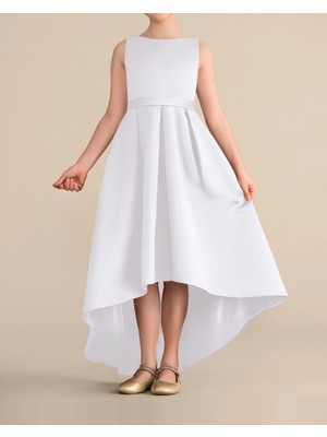 NSM Life Kız Çocuk Beyaz Asimetrik Etek Detaylı Sade Şık Saten Mezuniyet Doğum Günü Parti Elbise