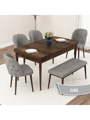 Canisa Concept Jae Serisi Açılabilir 80X132 Barok Ahşap Desen Mutfak Masası Takımı ve 4 Sandalye 1 Bench