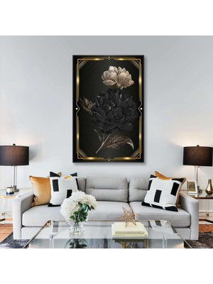 SML Tablo Beyaz Gül Altın Çerçeve Dekoratif Zarif Kanvas Tablo