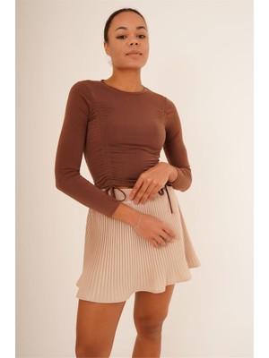 Cotton Mood 23254005 Sandy Önü Tünelli Büzgülü Uz.kol Bluz Kahve