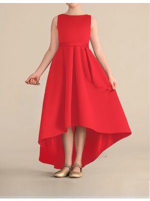 NSM Life Kız Çocuk Kırmızı Renk Asimetrik Etek Detaylı Sade Şık Saten Balo Doğum Günü Parti Elbise