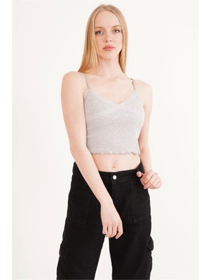 Cotton Mood 23254275 Kaşkorse Ip Askılı Dantelli Crop Bluz Grı