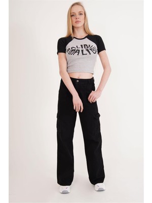 Cotton Mood 23254271 Kaşkorse Malibu Baskılı Kısa Kol Crop Bluz Sıyah