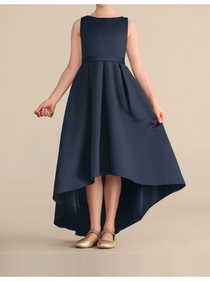 NSM Life Kız Çocuk Lacivert Renk Asimetrik Etek Detaylı Sade Şık Saten Balo Doğum Günü Balo Mezuniyet Elbise