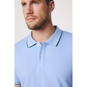 Erkek Polo Yaka Slim Fit Yaka ve Kol Şeritli Pike Mavi Tişört