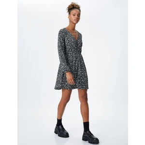 Çiçekli Mini Elbise Uzun Kollu V Yaka