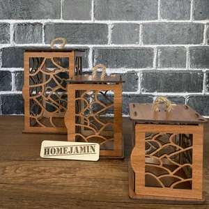 Home Jamin 3'lü Mini Ahşap Dekoratif Süs Fener Seti Asimetrik Motif