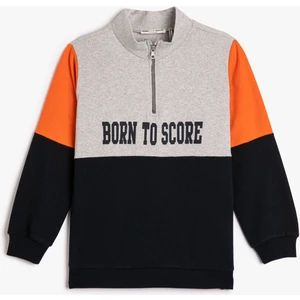 Sweatshirt Yarım Fermuarlı Dik Yaka Renk Bloklu Baskılı