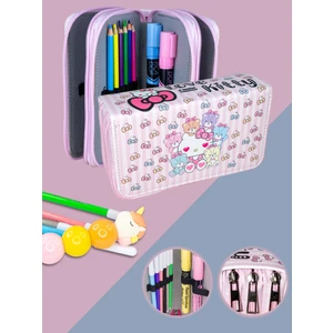 Kalem Kutusu  Love Kitty Temalı Kawaii Desen Orginazer Vegan Deri Üç Bölmeli (Kalemlik)