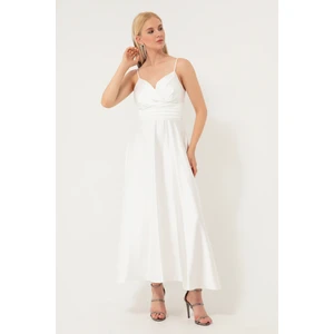 Kadın Beyaz Ip Askılı Bel Kemerli Saten Midi Abiye & Mezuniyet Elbisesi