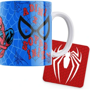 Spiderman Örümcek Adam Kişiye Özel Iismli Kupa Bardak + Ahşap Altlık