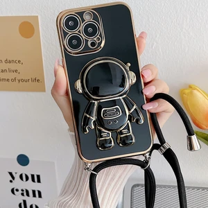 iPhone 7 Plus  ile Uyumlu Ipli Boyun Askılı Astronot Figürlü Silikon Kılıf Pastel Renkli Epiphany Kılıf Siyah