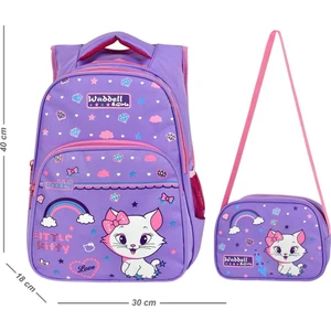Lila Kedi Desenli Ilkokul Sırt Çantası ve Beslenme Çantası