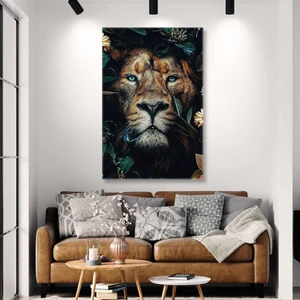 SML Tablo Çiçekler Içerisindeki Aslan Hayvan Dekoratif Kanvas Tablo